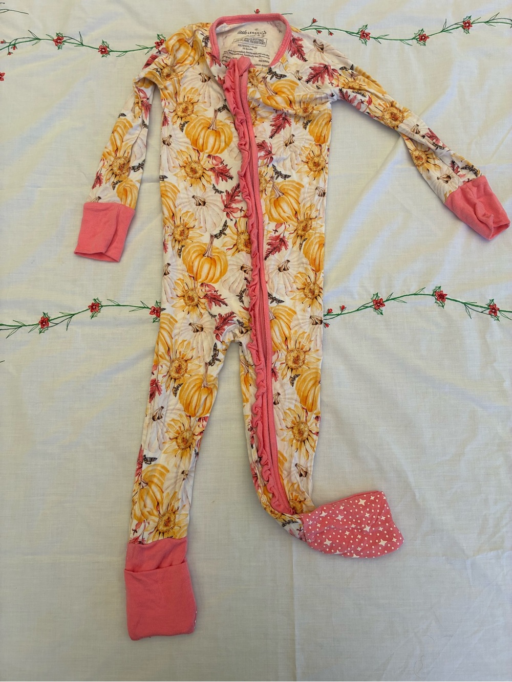 Legendairy Milk Tencel Floral Pumpkin Print Pink-Trim Kids Footed One-Piece